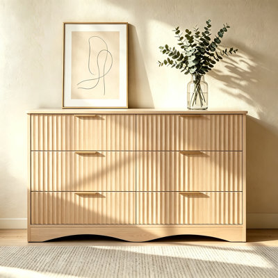 Commode cannelée à 6 tiroirs, commode large avec poignées dorées, armoire de rangement moderne en bois avec glissières de tiroir silencieuses et silencieuses, organisateur de grande capacité pour le salon de la chambre à coucher