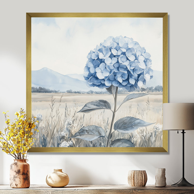 Champ d'hortensias en hiver II - hydrangées, art mural, H 30 po x l 30 po, Reproduction encadrée d'une seule photo, Doré