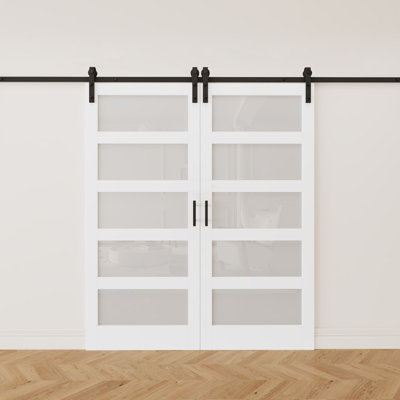 Glass And Manufactured Wood Double Sliding Barn Doors With Installation Hardware Kit & Soft Close