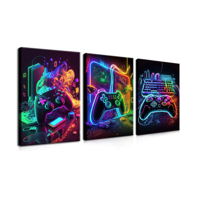 Gamer Room Decor Picture Canvas Wall Art For Teen Boys Room - Cool Colorful Accessories Gaming Theme Wall Decor Set Of 3 - Game Paintings Print For Youth Boys Bedroom 16X24 Inch