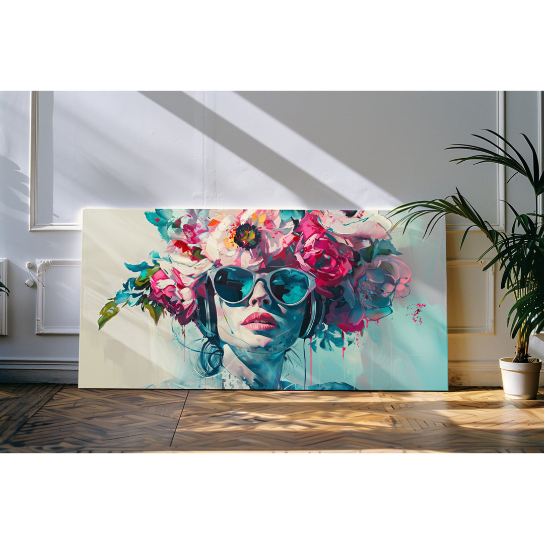 Wandbild 120x60cm Porträt einer jungen Frau Sonnenbrille Kopfhörer Farbenfroh Kunstvoll