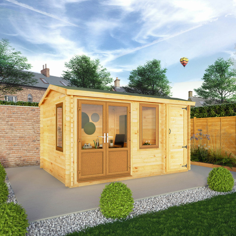 13ft x 10ft Home Office Elite Log Cabin With Side Shed UPVC Windows & Doors (44mm), Oak/Natural Timber