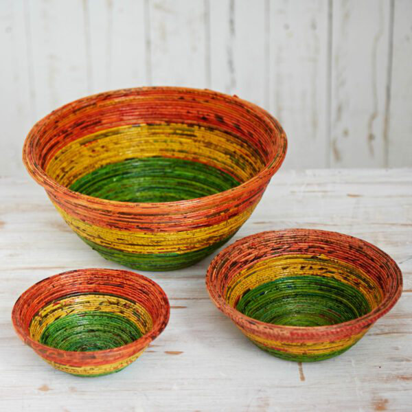 Handmade Paper Decorative Bowl 1, 7.5cm H x 20cm W x 20cm D, Orange/Yellow/Green