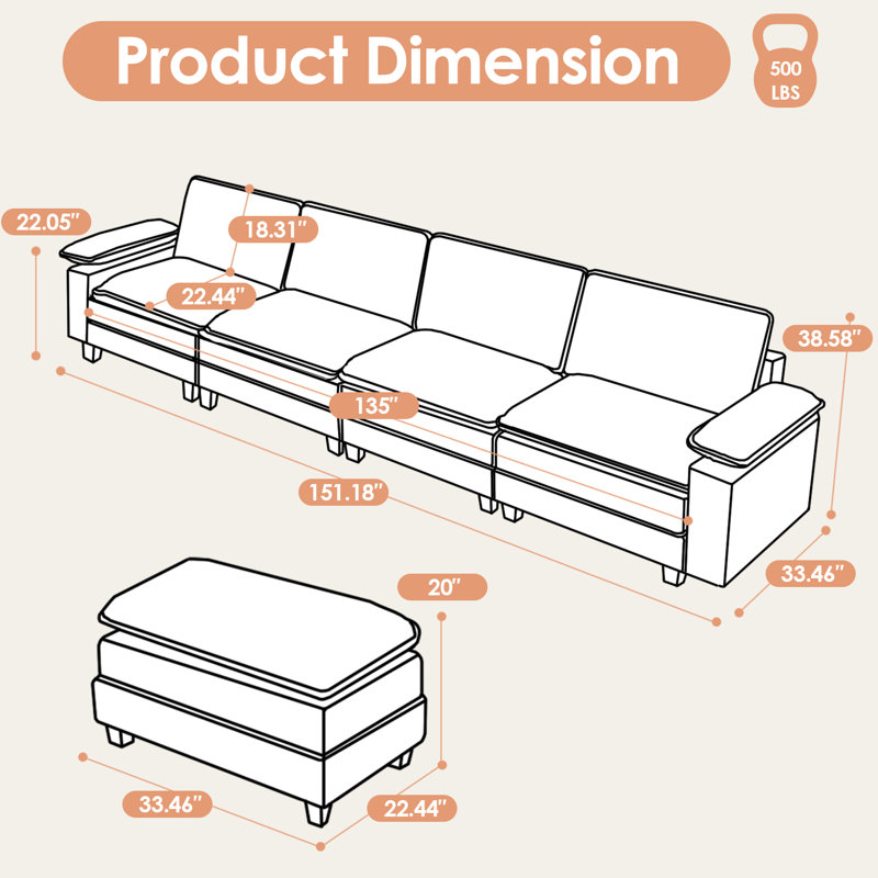 151.18" Wide Adjustable Armrest Sectional With Two Ottomans