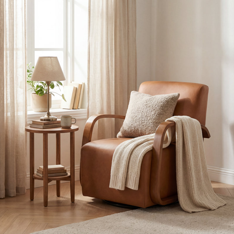 Modern Swivel Accent Chair with Bentwood Arms, Brown