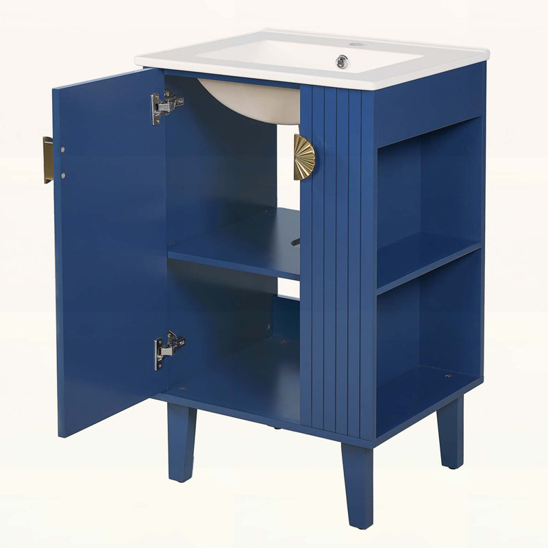 Freestanding Single Vanity Set,Chic Half-Moon Pulls, Blue