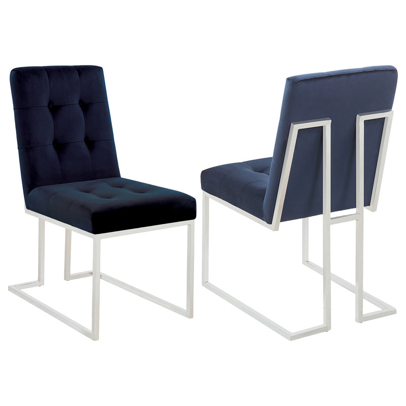 Persas Tufted Velvet Side Chair , Chrome, Ink Blue