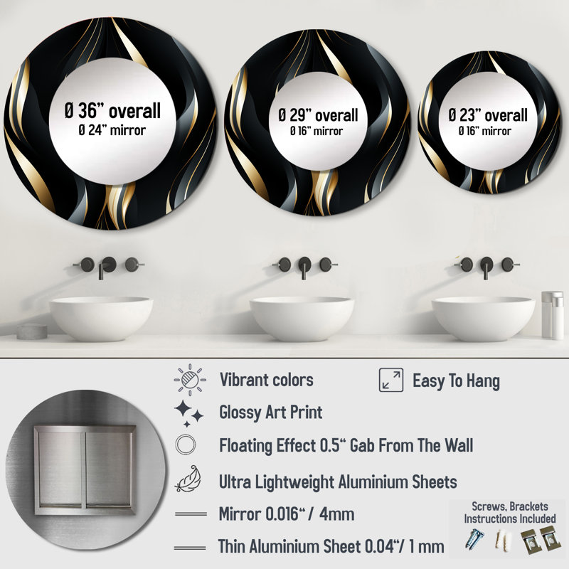 Rileah Deep Black and Gold Elegance - grand miroir mural glam, miroir décoratif noir, impression d'art en métal, Rond