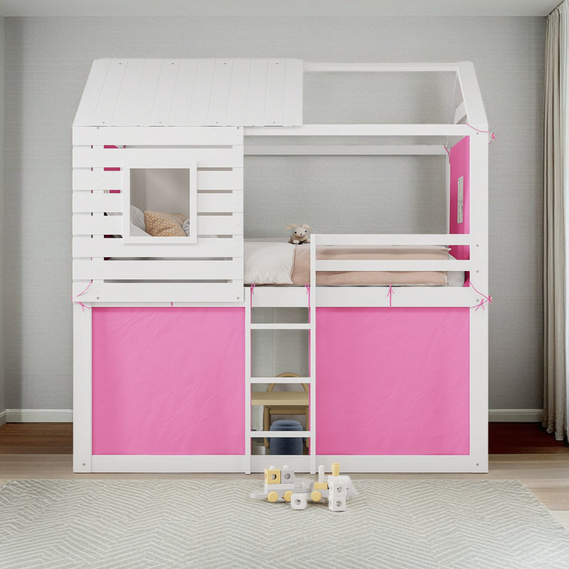 Lit superposé en bois avec tente, Rose, Lit double