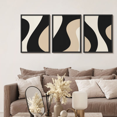 "Modern Abstract Curves", ensemble de 3 reproductions d'art mural encadrées - motif géométrique minimaliste noir, beige et blanc, œuvre d'art contemporaine pour le salon ou le bureau
