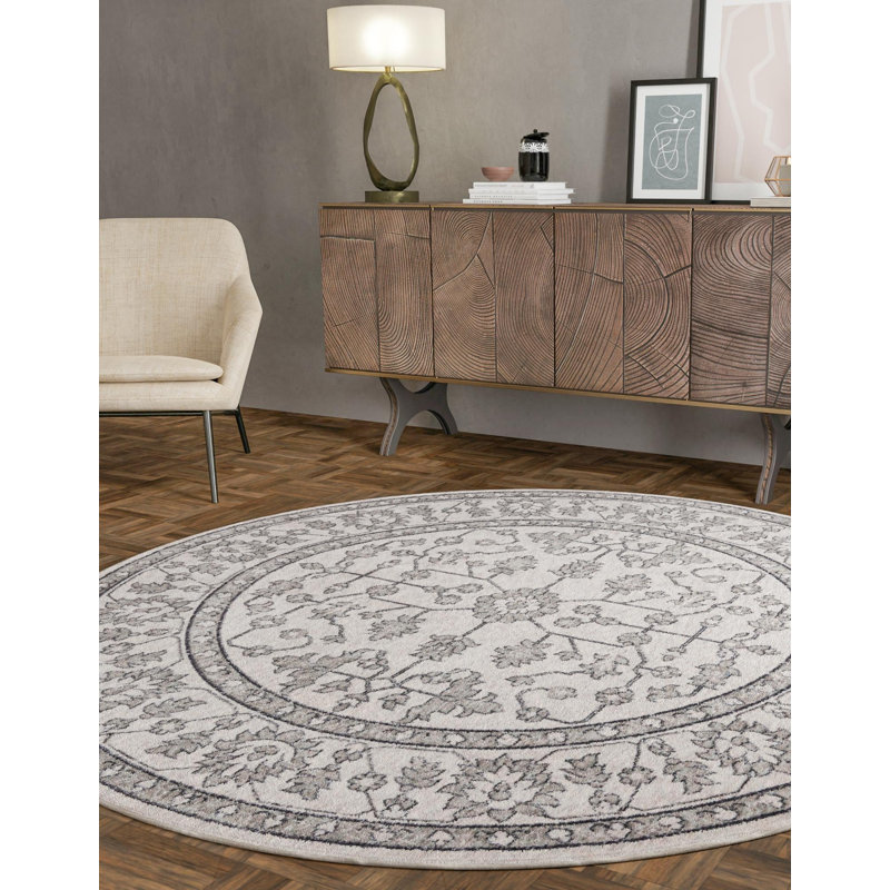Tapis traditionnel gris foncé ivoire, Rond 3 pi 3 po