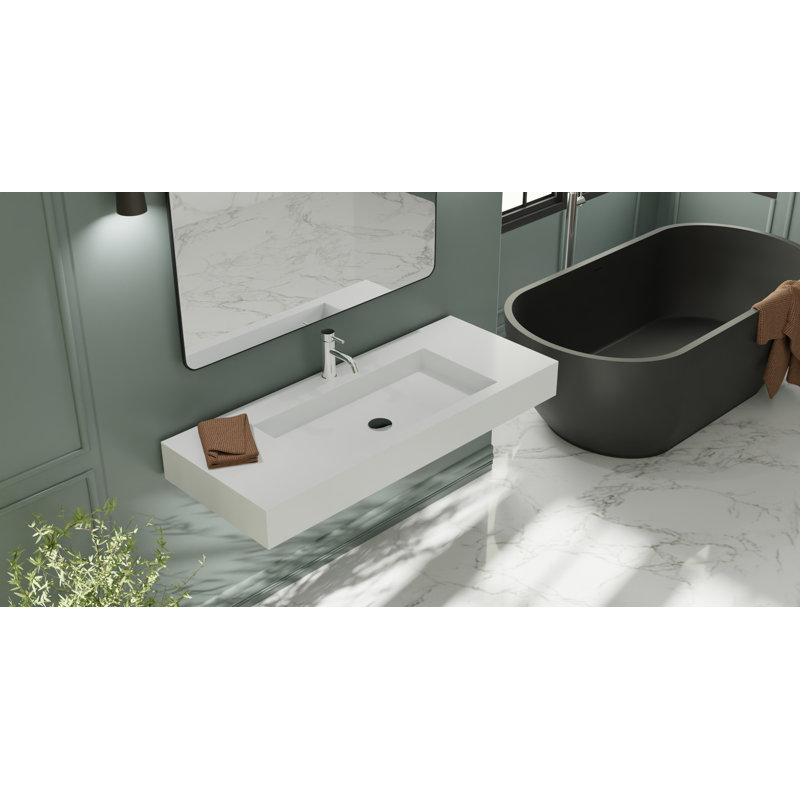 Lavabo de salle de bain mural rectangulaire en résine avec trop-plein 47,2 po x 18,9 po Badeloft WT-03-G, Blanc lustré