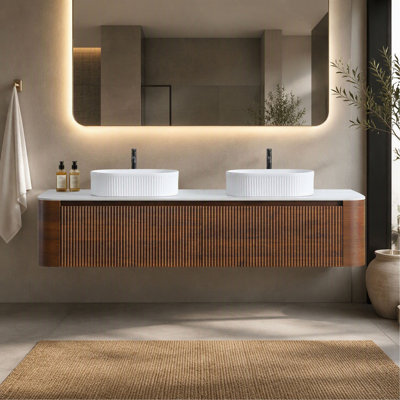 Meuble-lavabo de salle de bain, 72 po, avec lavabo, meuble-lavabo mural en noyer avec porte-serviettes gratuit Erba, deux lavabos en céramique rayés ovales blancs (sans bonde / robinet), pré-assemblé