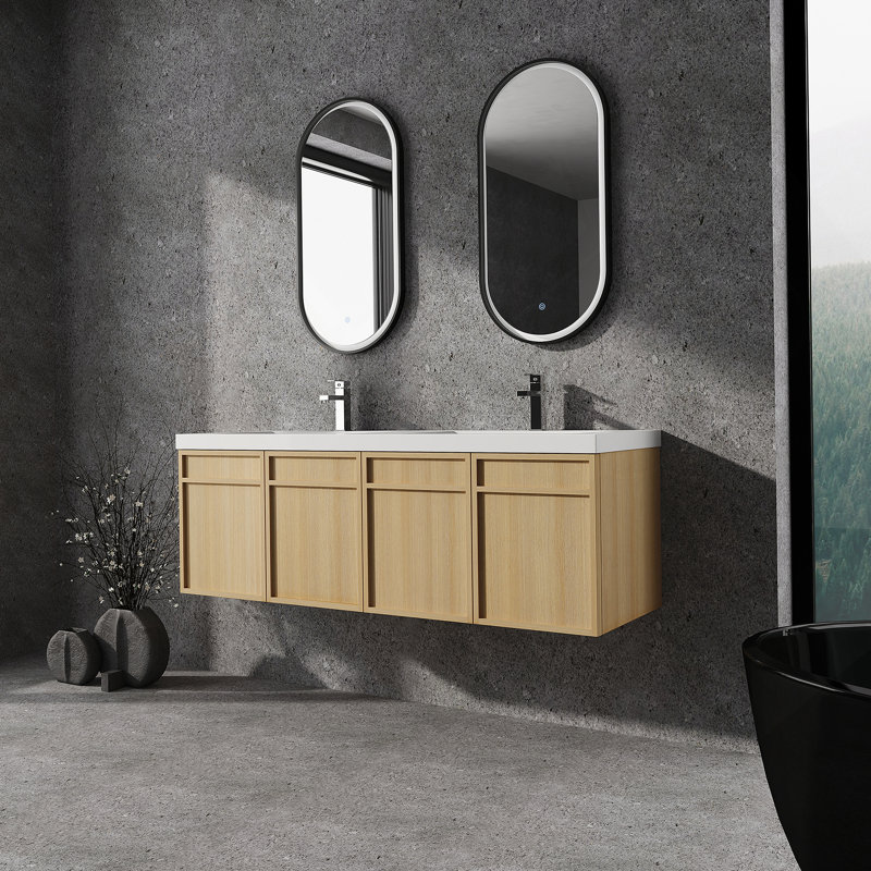 Meuble-lavabo mural 60 po avec double lavabo en résine, 4 portes à fermeture douce, chêne original, contreplaqué (KD-PACKING)