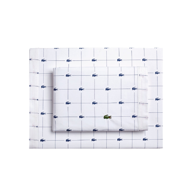 Lacoste Slice Cotton Percale Sheet Set, Crisp Feel & Breathable Bedding, Deep Pocket Fitted Sheet, Navy, Cal King, Navy