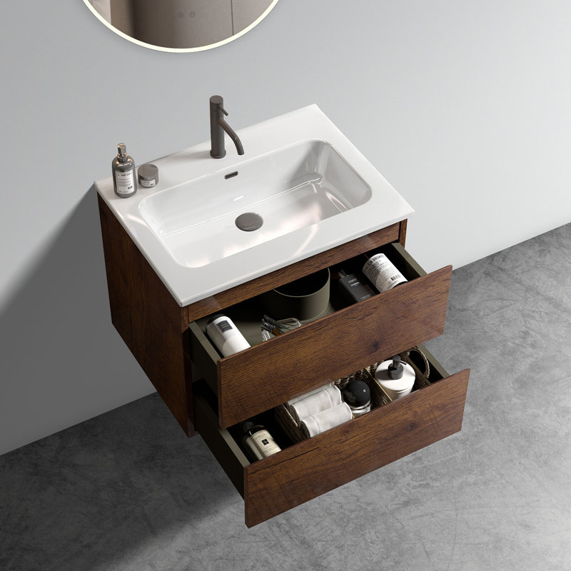 Meuble-lavabo mural en noyer de 24 po avec lavabo en céramique avec un trou de robinet, grand meuble-lavabo flottant de rangement pour salle de bain moderne, lavabo une pièce sans drain et robinet, pré-assemblé