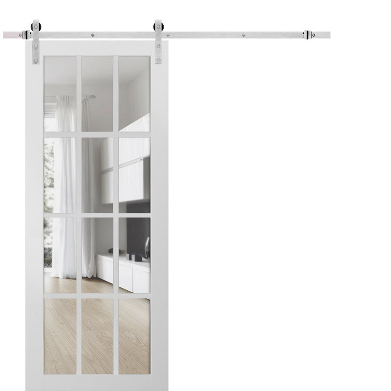 Porte de grange robuste à 12 carreaux en verre clair Felicia 3355 Blanc Soie, rail de 2 m (6,6 pi), quincaillerie robuste, porte intérieure à panneau plein - 71 cm x 203 cm (28 po x 80 po) - Rail argenté