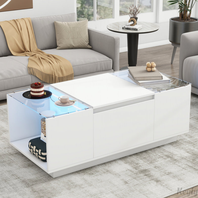 Table basse à DEL avec finition brillante et plateau de table en verre, Blanc