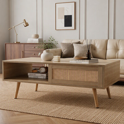 Table basse en rotin de 41,34 po, porte coulissante pour le rangement, pieds en bois massif, table moderne pour le salon, naturel
