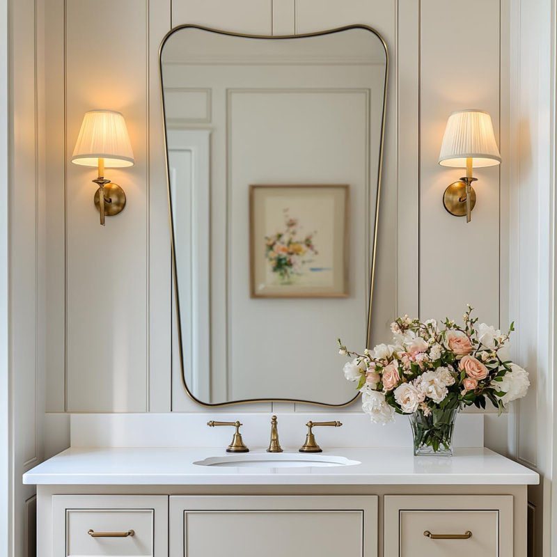 Contemporary Concave Scalloped Irregular Bathroom Vanity Mirror | Stainless Steel Frame, Brushed Gold, 48" x 30"