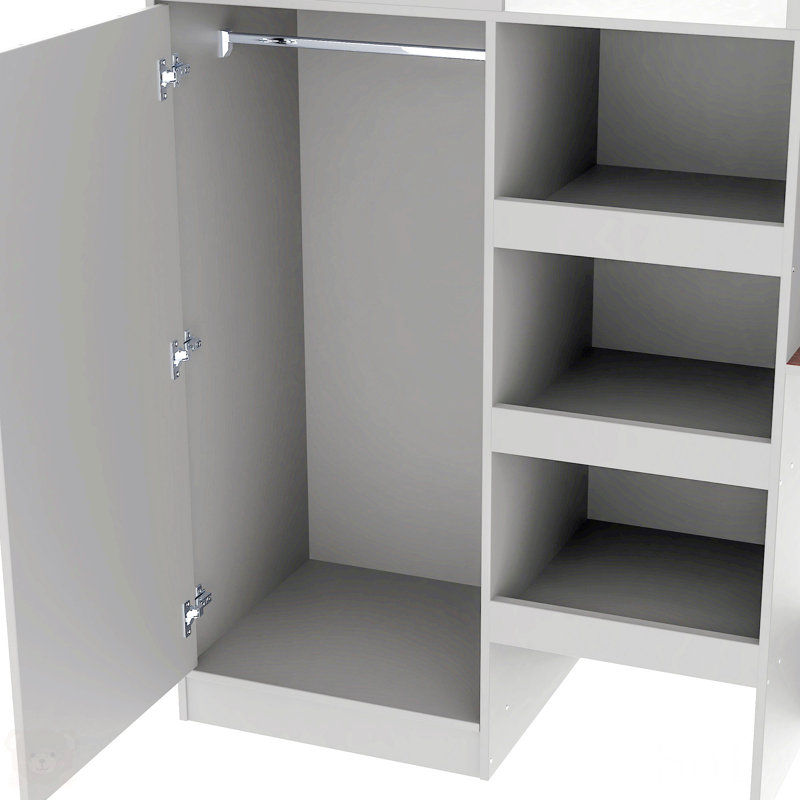 Gray Pine Wood Full Loft Bed with Wardrobe and Desk