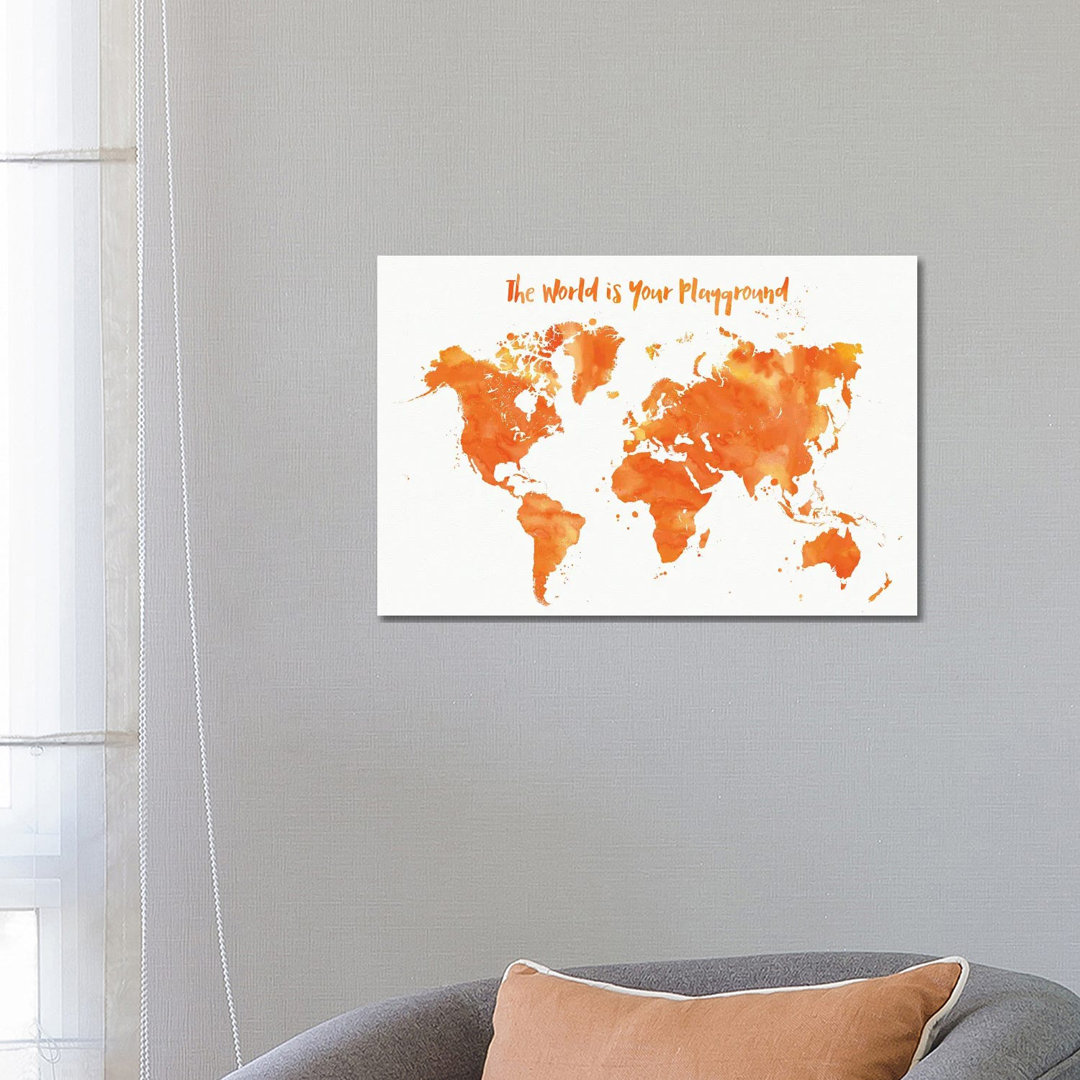 Orange Aquarell Kinderzimmer Weltkarte von Blursbyai - Galerie-verpackt Leinwand Giclée