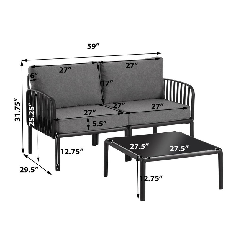 Ensemble de conversation pour patio pour 2 personnes avec coussins, Coussin gris foncé / structure noire
