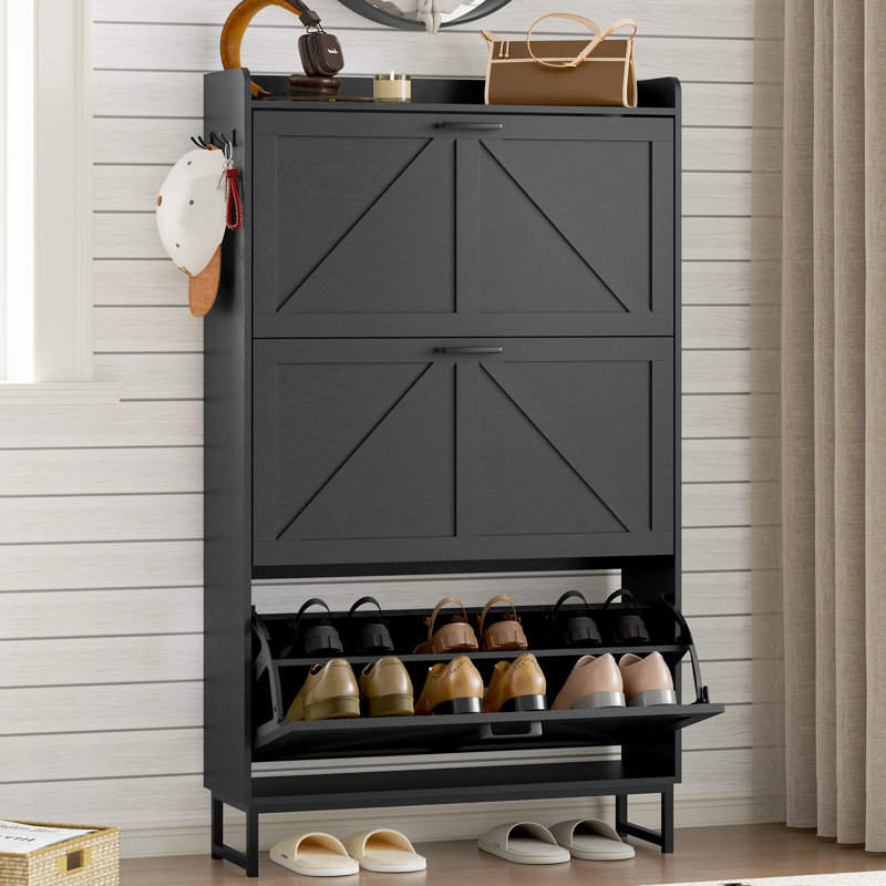 3-Tier Flip-Top Safety Shoe Cabinet with Anti-Tip Mechanism—Essential Entryway Storage Solution, Black