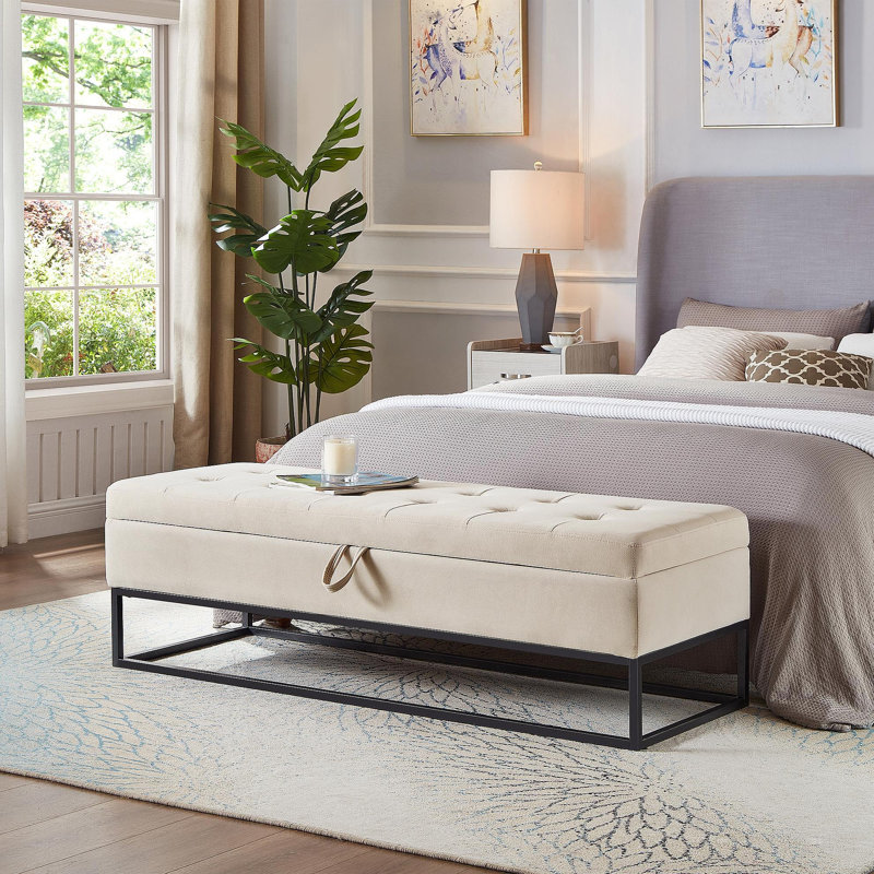 Base de lit en métal avec velours beige 58,6 po