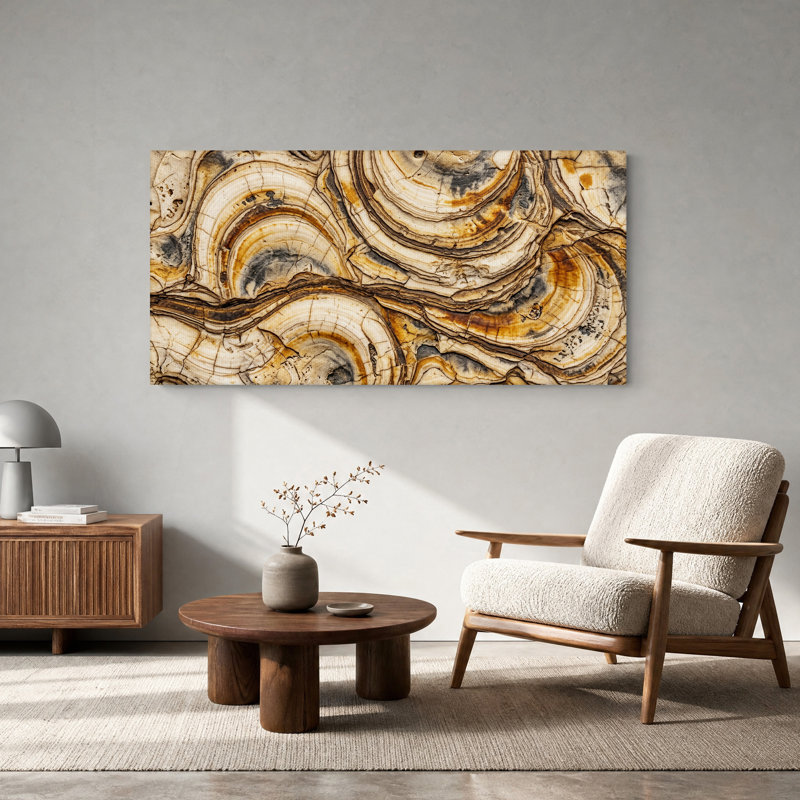 Tableau sur toile en bois pétrifié aux tons bruns et crème tourbillonnants, L 46 po x H 24 po