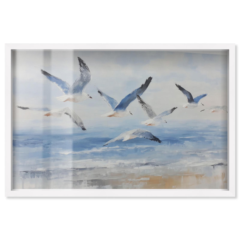 «Seagulls in Flight I Shadowbox Print» par Art Remedy, cadre blanc, 25 x 17, Cadre blanc, H 17 po x l 25 po