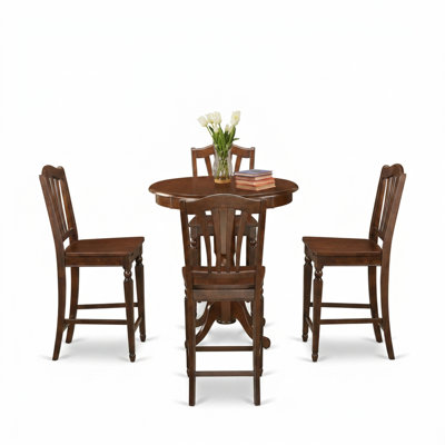 Table de salle à manger ronde en bois massif d'acajou chaleureux, composée de 5 pièces, hauteur comptoir, et de 4 tabourets de bar.
