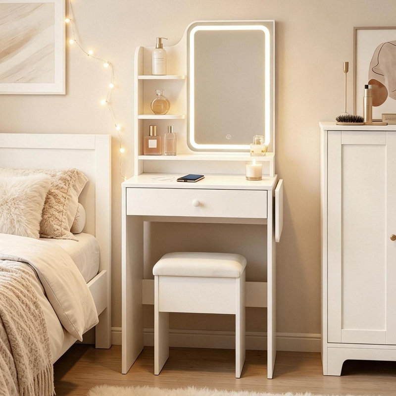 Amisted Small Makeup Vanity with LED Mirror & Outlets, Storage Drawers and 3 Shelves, Storage Stool, Bedroom, White