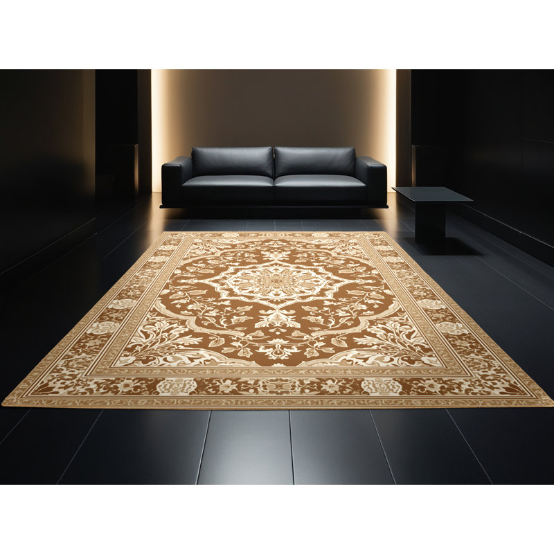Tapis floral brun lavable à la machine Pauleta Classic - reliure brun clair, 3 X 5