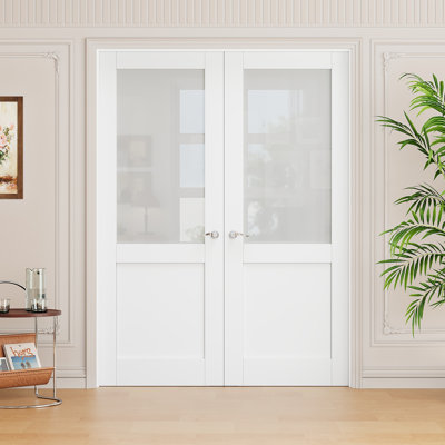 Interior Half-Lite Frosted Glass Door, CARB P2 MDF & SGCC Tempered Glass French Doors, Satin Nickel Hardware-Privacy Door Lever with Lock, Latch & Hinges, Pre‑Finished & Waterproof, Pantry, Bedroom, Bathroom & Closet, Easy DIY Stain, 60"x 80"