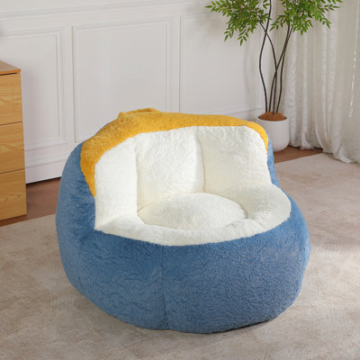 Fauteuil à billes surdimensionné, canapé en fausse fourrure multicolore rempli d'éponge déchiquetée, grand canapé-lit pour le salon, aucun assemblage requis, bleu + blanc + jaune