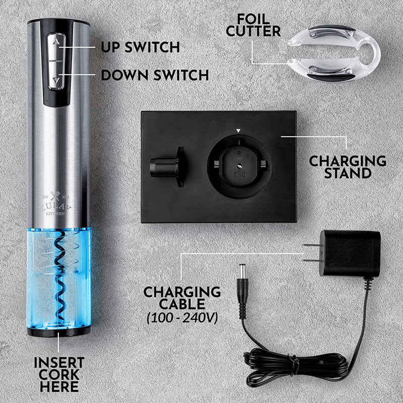 Stainless Steel Electric Wine Opener with Charging Base and Foil Cutter