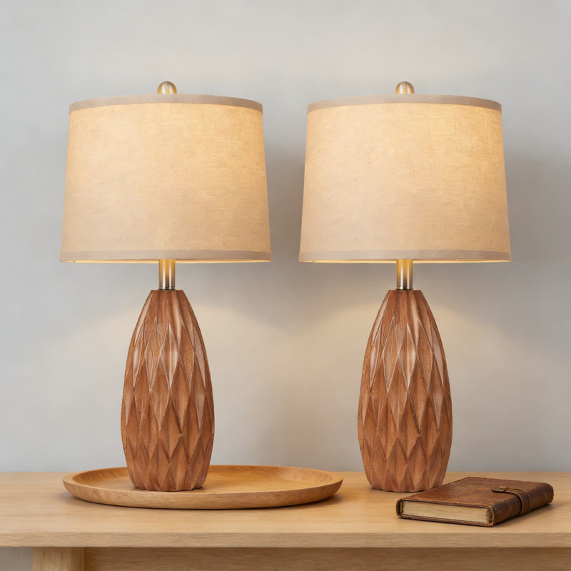 Ensemble de 2 lampes de table modernes avec abat-jour en lin, corps en résine de grain de bois en forme de losange pour le salon, la table de chevet ou le bureau, y compris les ampoules