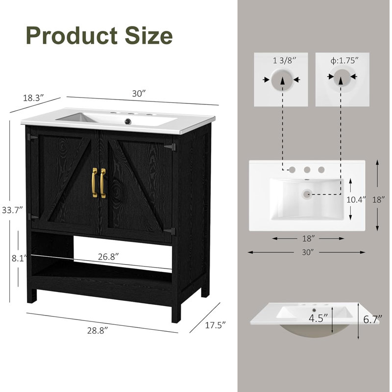 Meuble-lavabo simple 30 po avec comptoir en céramique et lumière DEL, Noir, Triple