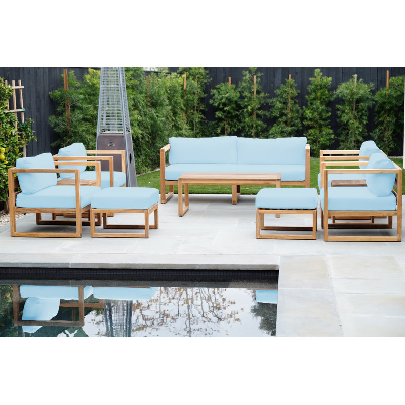 Ensemble de conversation extérieur en teck avec coussins Sunbrella, Bleu ciel