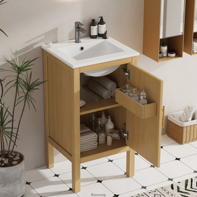 Armoire de salle de bain 18 po avec lavabo en céramique, tablette réglable et charnières à fermeture douce
