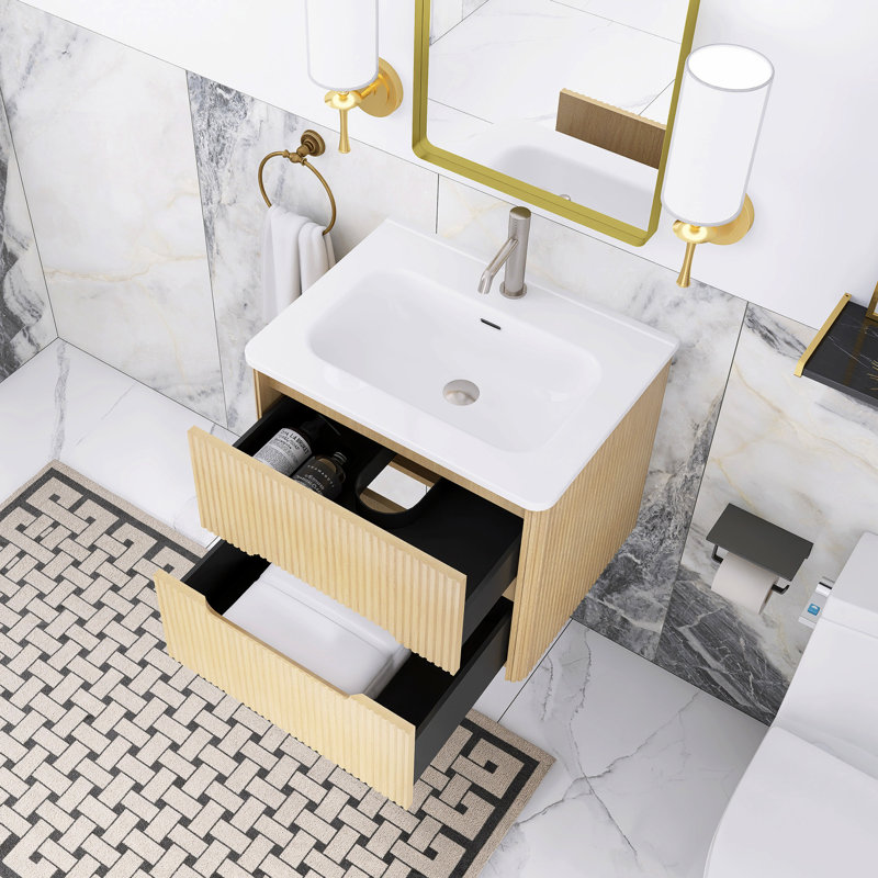 24 In. W Single Sink Wall Mounted Bath Vanity With White Ceramic, Natural