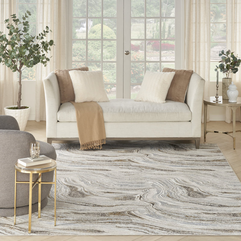 Blahomir Abstract Nature-Inspired Area Rug in Gray/Gold/Beige, Rectangle 9' x 12'