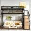 Lit mezzanine double avec escalier de rangement, tablettes et garde-robe intégrée, structure en métal, ports USB, lumières DEL