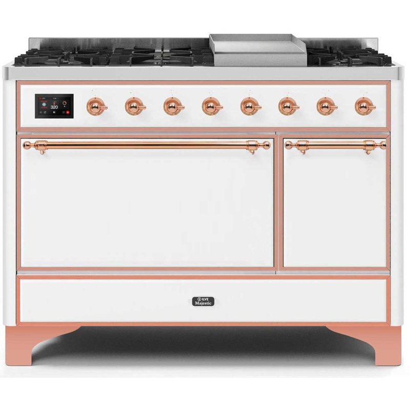 ILVE Majestic II Series 48 inch Dual Fuel Range with 8 Sealed Burners, Griddle (Solid Door), Natural Gas, Glossy Black/Chrome