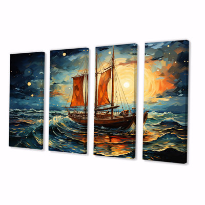 «Moonlight Saiboat Horizon II - Bateau à voile», art mural 4 pièces