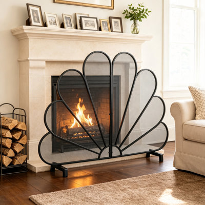 50"Fan-Shaped Peacock Design Freestanding Fireplace Screen, 2-Panel Ornate Metal Mesh Spark Barrier for Indoor Home Fireplaces,Gold
