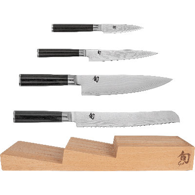Shun Classic 5 Piece In-Drawer Set, Includes 8" Chef's Knife, 3.5" Paring Knife, 6" Utility Knife & 9" Bread Knife, Handcrafted Japanese Knife Set, Damascus Stainless Steel Cladding, Pakkawood Handle