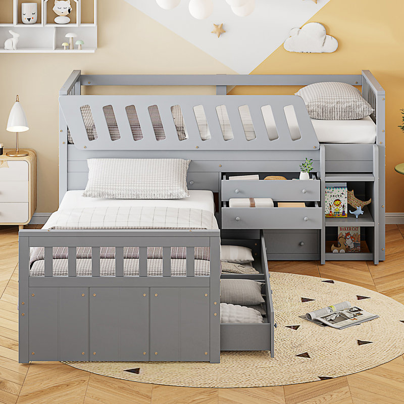 Lit mezzanine simple en L et lit plateforme simple avec 7 tiroirs et garde-corps complets en L, Gris