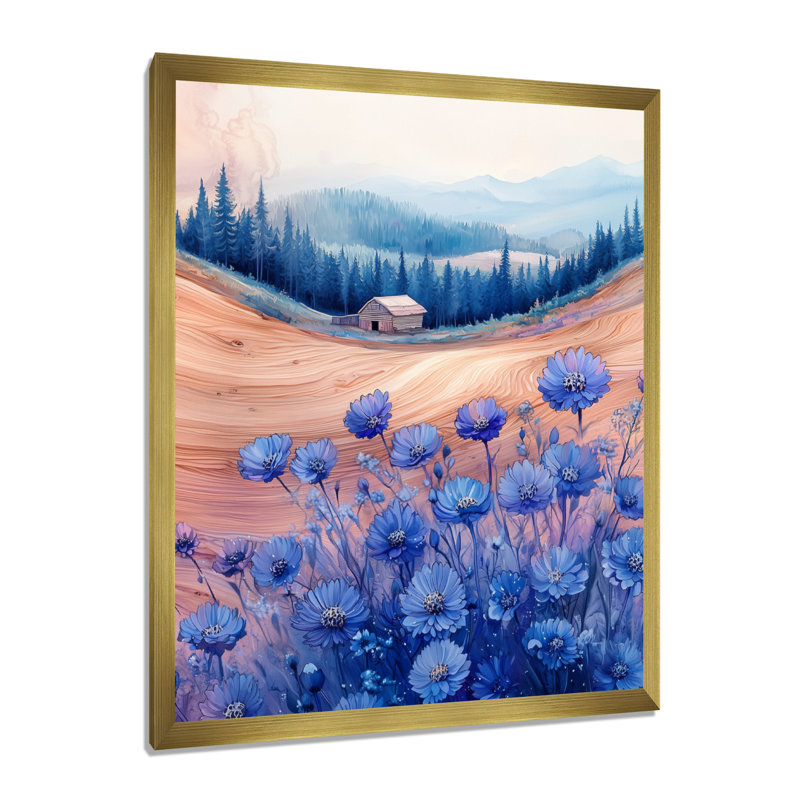 «Cornflowers Garden At The Barn On Slide III», reproduction d'art sur toile florale, H 20 po x l 12 po, Doré